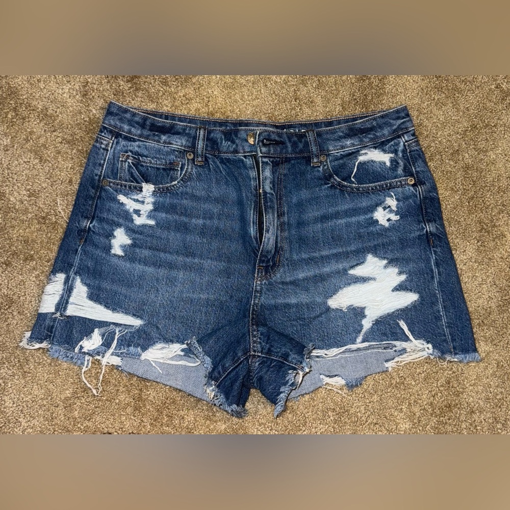 AE Comfort Stretch Waistband, High-waisted Ripped Blue Jean Shorts